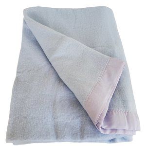 Vintage Waffle Weave Blanket Twin Size 64" x 84" Blue Satin Trim Acrylic USA